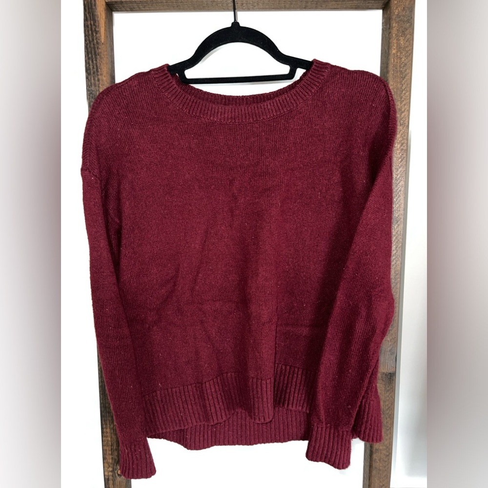 LOFT Burgundy Crew Neck Sweater with Ribbed Detailing